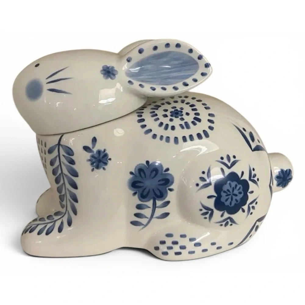 Pier 1 Blue And White Ceramic Hand-Painted Rabbit Cookie Jar Delft-Style